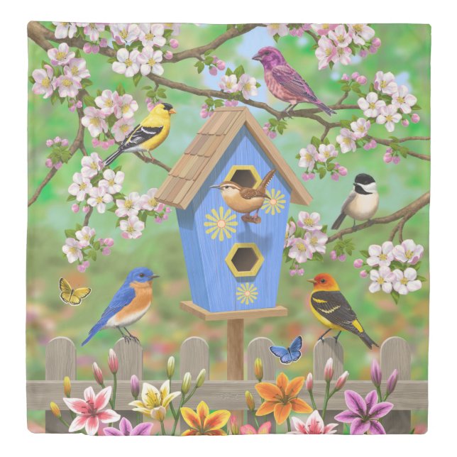 Songbirds Lily Garden Birdhouse Duvet Cover (Front)