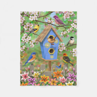 Songbirds Lily Garden Birdhouse Fleece Blanket