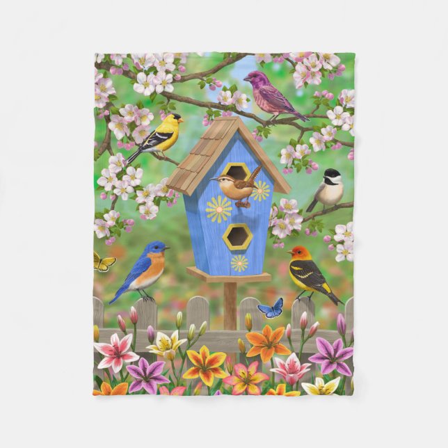 Songbirds Lily Garden Birdhouse Fleece Blanket (Front)