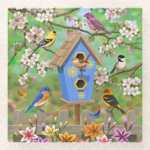 Songbirds Lily Garden Birdhouse Glass Coaster