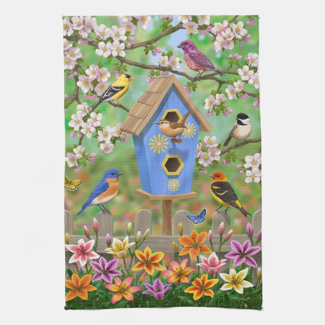 Songbirds Lily Garden Birdhouse Kitchen Towel (Vertical)