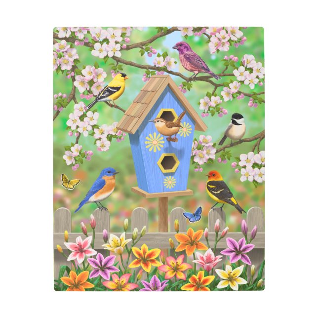 Songbirds Lily Garden Birdhouse Metal Print (Front)