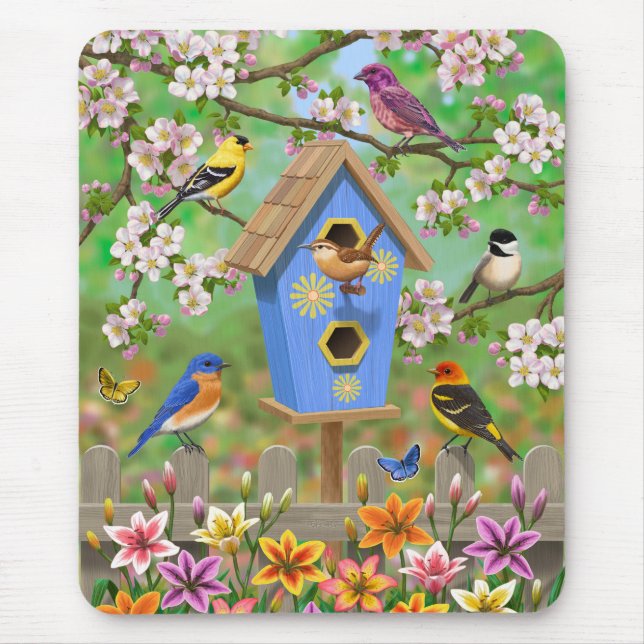 Songbirds Lily Garden Birdhouse Mouse Pad (Front)