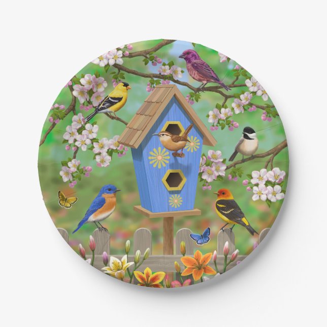 Songbirds Lily Garden Birdhouse Paper Plates (Front)