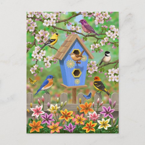 Songbirds Lily Garden Birdhouse Postcard