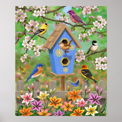 Songbirds Lily Garden Birdhouse Poster