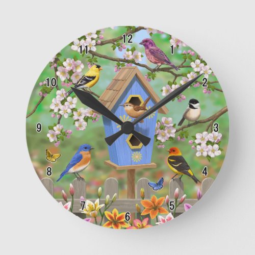 Songbirds Lily Garden Birdhouse Round Clock