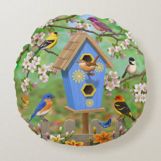 Songbirds Lily Garden Birdhouse Round Pillow
