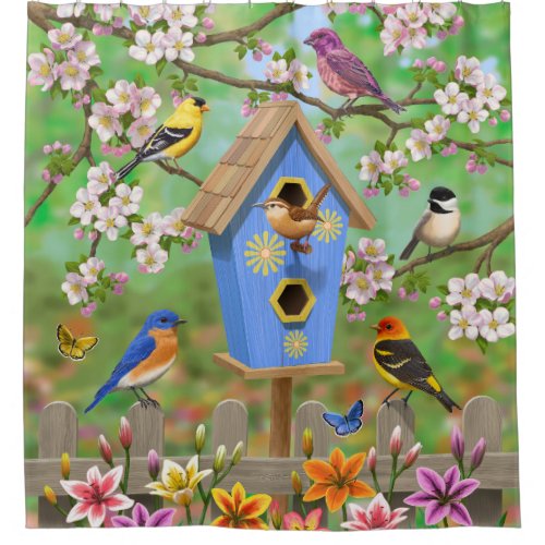 Songbirds Lily Garden Birdhouse Shower Curtain