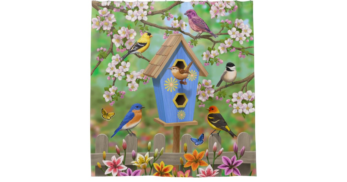 Songbirds Lily Garden Birdhouse Shower Curtain Zazzle