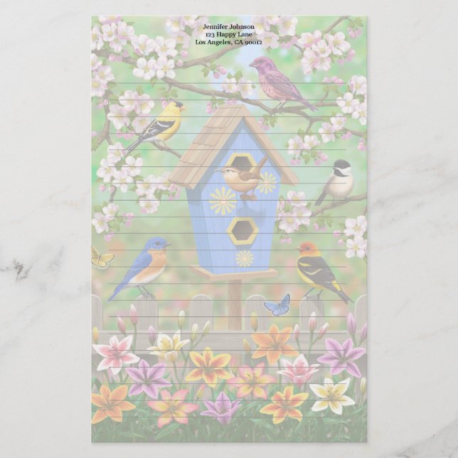 Songbirds Lily Garden Birdhouse Stationery (Front)