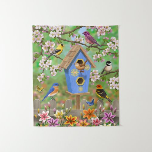 Songbirds Lily Garden Birdhouse Tapestry