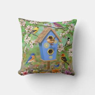 Songbirds Lily Garden Birdhouse Throw Pillow