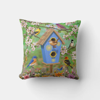 Songbirds Lily Garden Birdhouse Throw Pillow