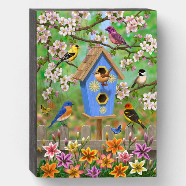 Songbirds Lily Garden Birdhouse Wooden Box Sign (Front Vertical)