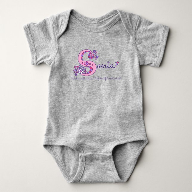 Sonia girls name & meaning S monogram baby romper (Front)