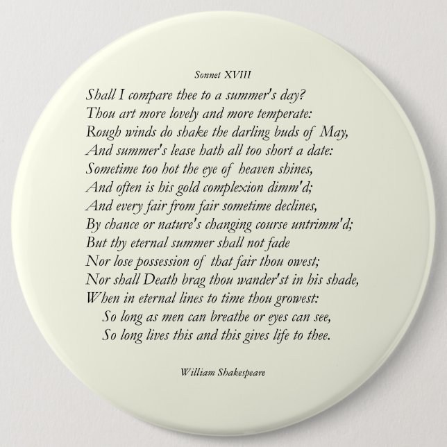 Sonnet # 18 by William Shakespeare Button (Front)