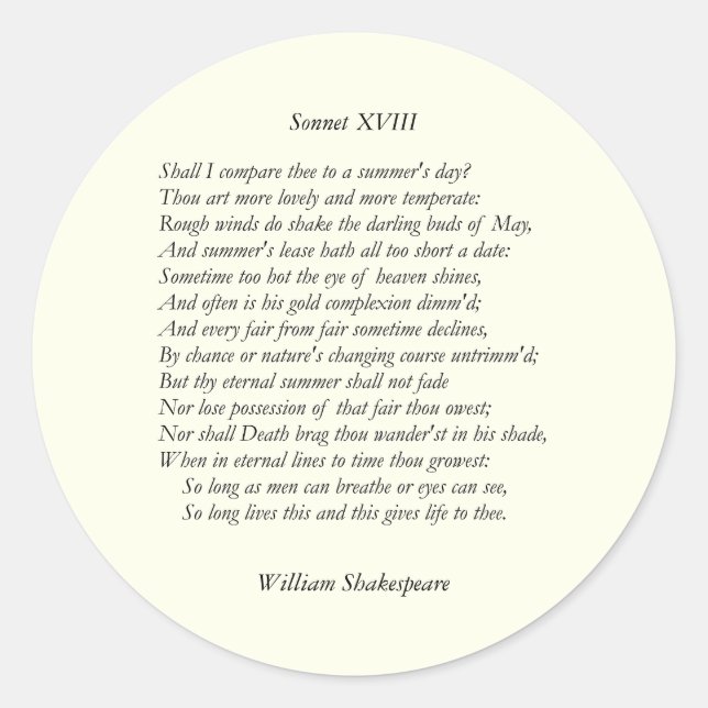 Sonnet # 18 by William Shakespeare Classic Round Sticker (Front)
