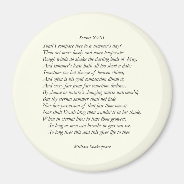 Sonnet # 18 by William Shakespeare Magnet (Front)