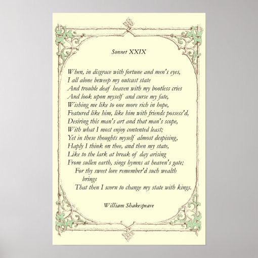 Sonnet # 29 By William Shakespeare Poster | Zazzle