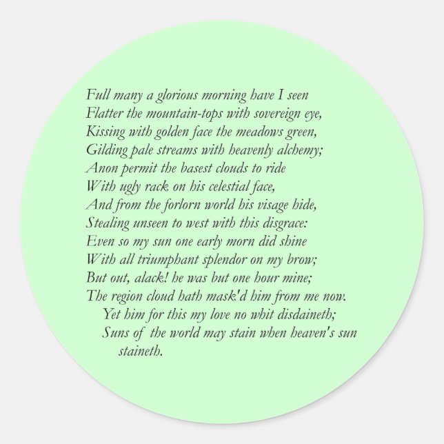 Sonnet # 33 by William Shakespeare Classic Round Sticker (Front)