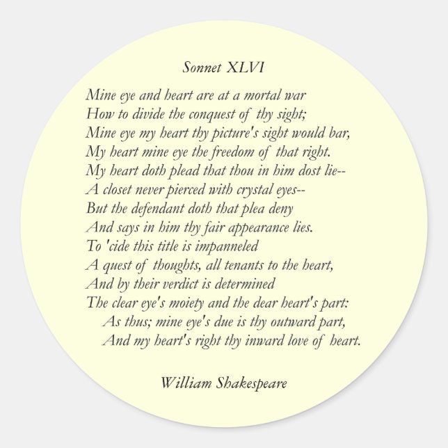 Sonnet # 46 by William Shakespeare Classic Round Sticker (Front)