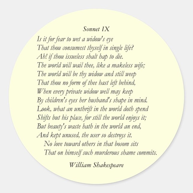 Sonnet # 9 by William Shakespeare Classic Round Sticker (Front)
