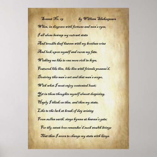 Sonnet No 29 by William Shakespeare Poster