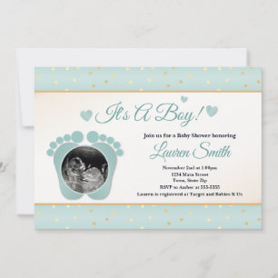 Sonogram Baby Shower Invitation Boy, Blue Toes
