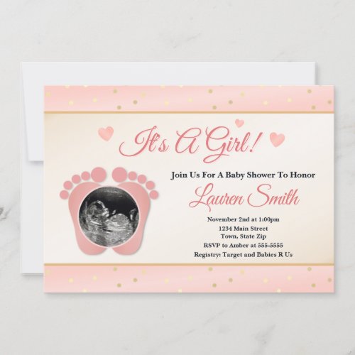 Sonogram Baby Shower Invitation Girl Pink Toes