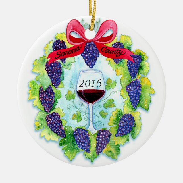 Sonoma County Wine Grapes Christmas Wreath Ceramic Ornament (Front)