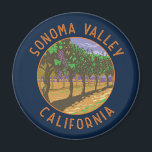 Sonoma Valley California Retro Distressed Circle Magnet<br><div class="desc">Sonoma Valley in a vector art style. Sonoma County is a major wine-producing region north of San Francisco. Hundreds of vineyards,  ranging from small,  family-run estates to international wineries,  are set amid its rolling hills and valleys.</div>