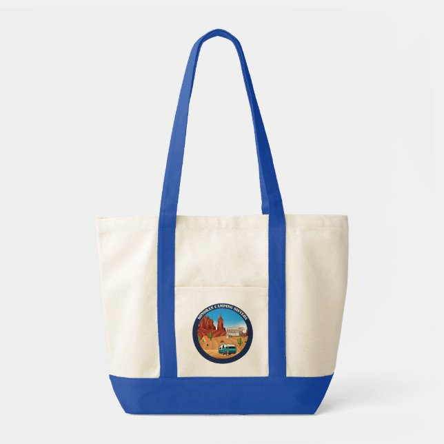 Sonoran Camping Sisters tote with blue handles (Front)