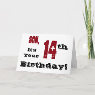 Son's 14th birthday greeting in black, red, white. card