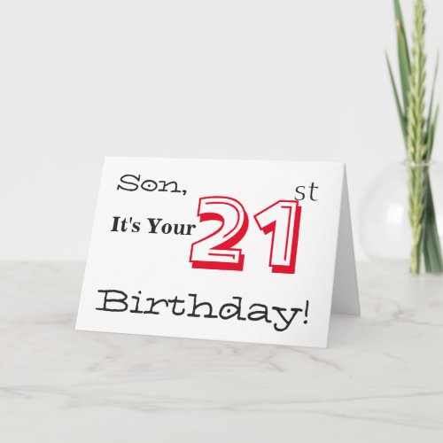 Sons 21st birthday greeting in red and black card