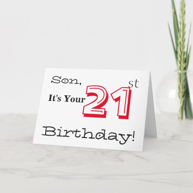 Son's 21st birthday greeting in red and black. card (Front)