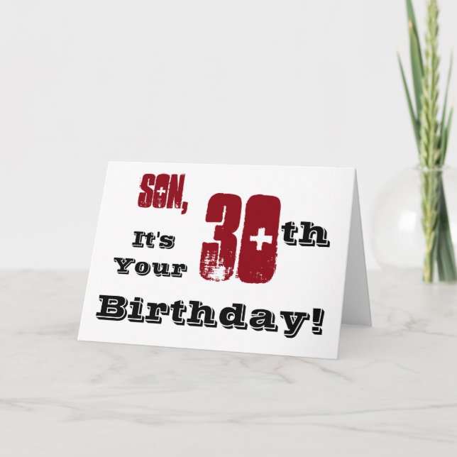 Son's 30th birthday greeting in black, red, white. card (Front)