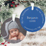 Sons First Christmas Photo Blue And Silver Name Ornament<br><div class="desc">This baby's first christmas blue and silver tree ornament makes a cute memento for your Son. Add your favorite photo to the front and his name to the back. To change the text and photo click on the personalize button.</div>