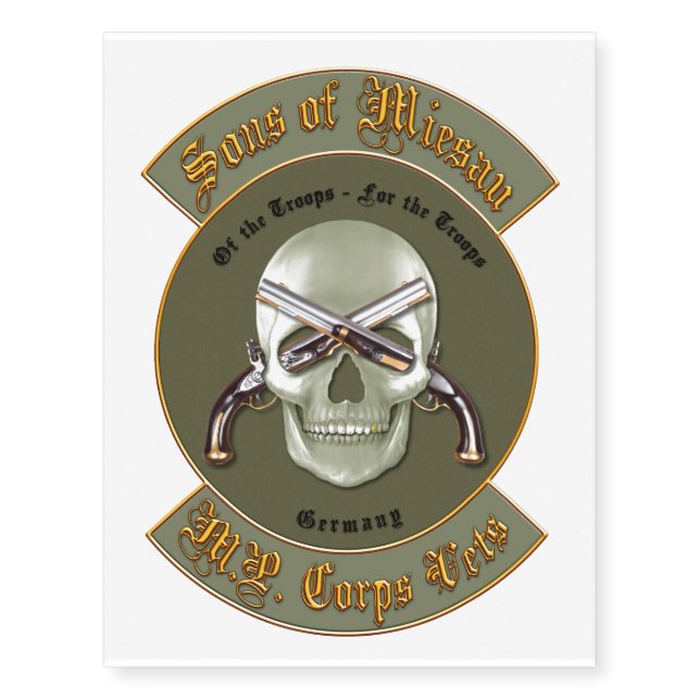 Sons of Miesau Skull Biker Emblem Temporary Tattoos (Front)