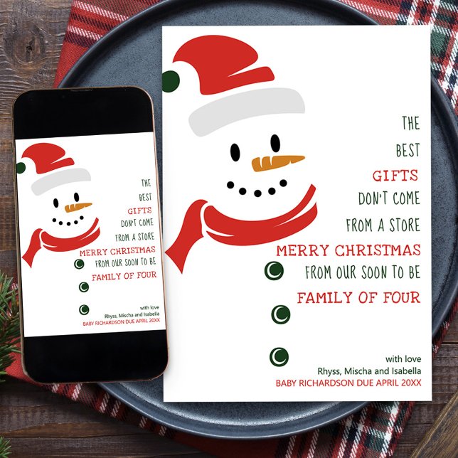 Soon to Be Family of Four Snowman Pregnancy Holiday Card (Snowman Rhyme Holiday Card and Pregnancy Announcement for your soon to be family of four)