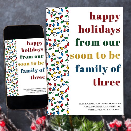 Soon to Be Family of Three Colorful Typography Holiday Card