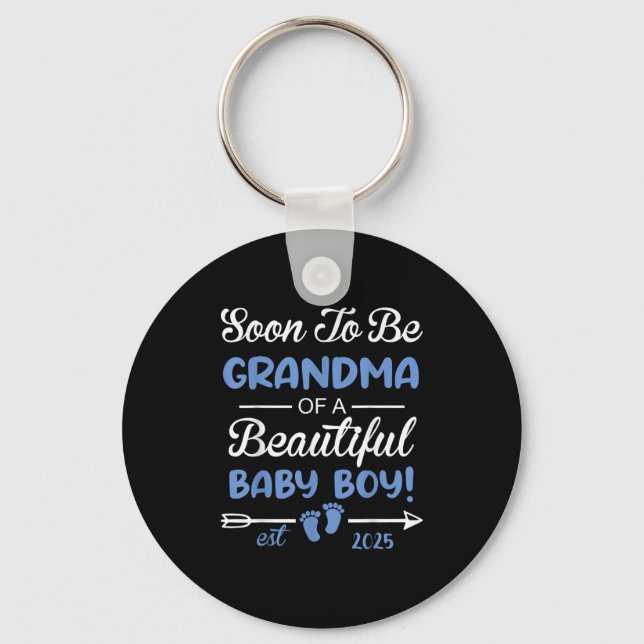 Soon To Be Grandma Of Beautiful Baby Boy Reveal  Keychain (Front)