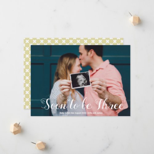 Soon to be Three Photo Overlay Custom Pregnancy Announcement