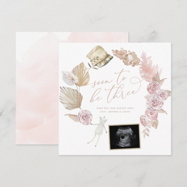 Soon To Be Three Ultrasound Pregnancy Reveal Boho Announcement (Front/Back)