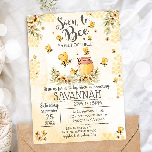 Soon to Bee a Family of 3 Baby Shower Invitation