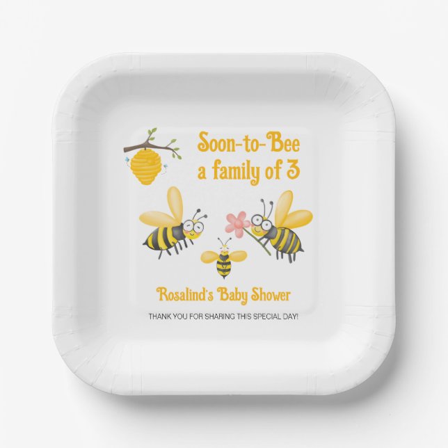Soon To Bee A Family Of 3 Bee Theme Baby Shower Paper Plates (Front)