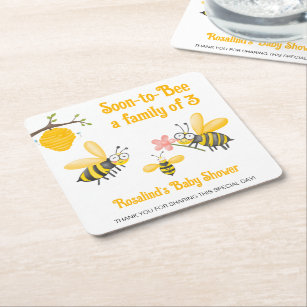 Soon To Bee A Family Of 3 Bee Themed Baby Shower Square Paper Coaster