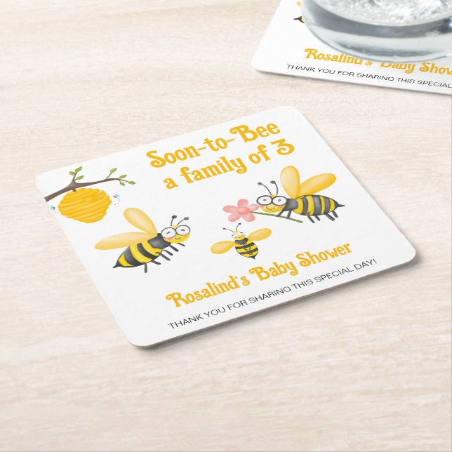Soon To Bee A Family Of 3 Bee Themed Baby Shower Square Paper Coaster (Angled)