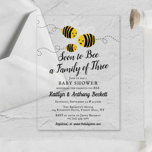 Soon To Bee A Family Of Three | Baby Shower Acrylic Invitations (Creator Uploaded)