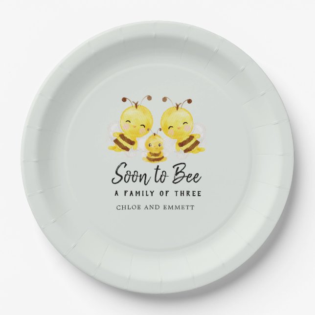 Soon to Bee a Family of Three Baby Shower Custom Paper Plates (Front)